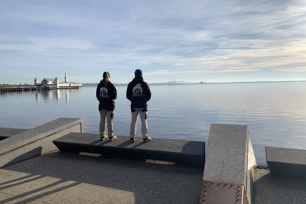 Michael and Abbey Jochum of JFM on the Geelong waterfront, Cunningham Pier behind